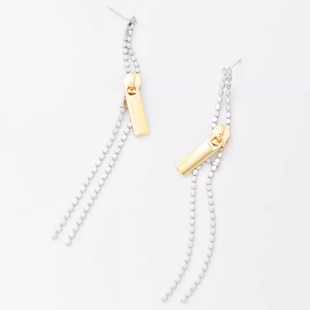 Zipper Tassel Silver and Gold Two-Tone Earrings